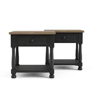 Yesenda 2 Piece 24 in. Farmhouse Black Square Wood End Table Set With Drawers