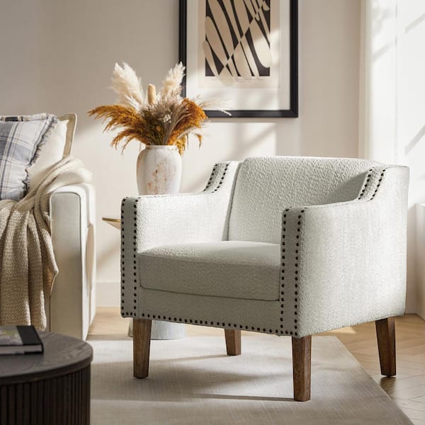 Mabel Ivory Boucle Fabric Solid Wood Accent Armchair with Nailhead Trims