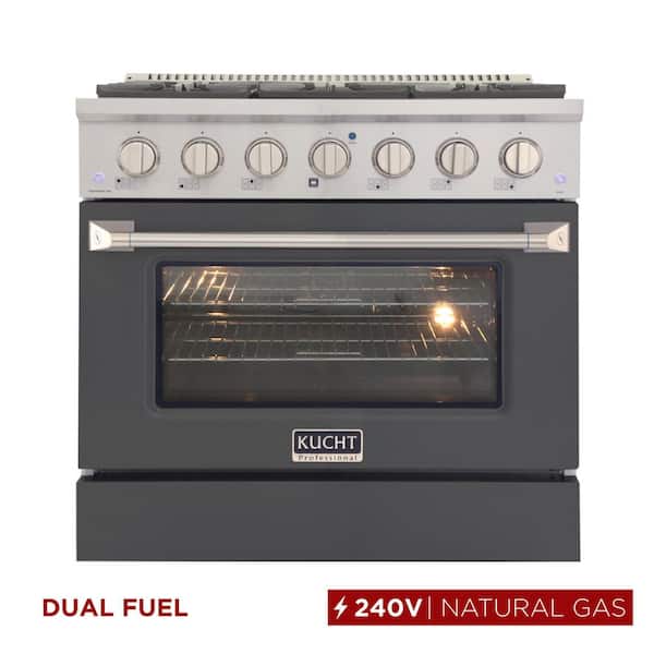 36 in. 5.2 cu. ft. 6-Burners Dual Fuel Range Natural Gas in Stainless Steel, Cement Gray Oven Door with Convection Oven