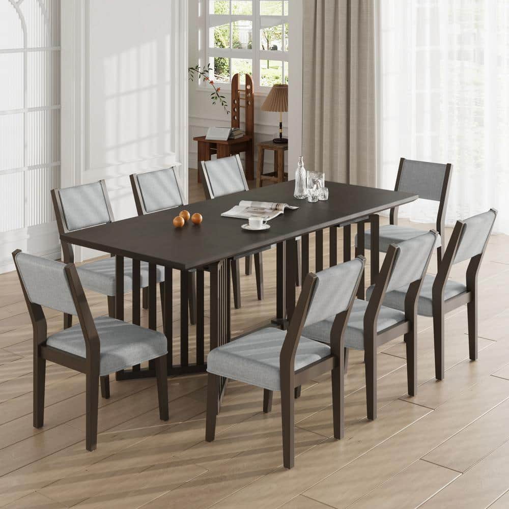 Zeus & Ruta 9-Piece Espresso Wood Outdoor Dining Set with Grey Cushions ...