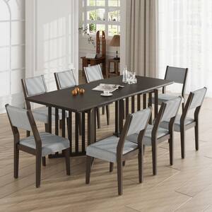 9-Piece Espresso Wood Outdoor Dining Set with Grey Cushions, 12-inch Removable Leaves, 8 Upholstered Dining Chairs