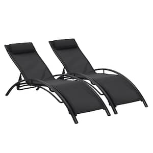Adjustable Steel Frame Outdoor Chaise Lounge Chair with Headrest in Black (Set of 2)