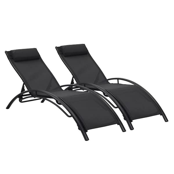 SUNRINX Adjustable Steel Frame Outdoor Chaise Lounge Chair with Headrest in Black (Set of 2