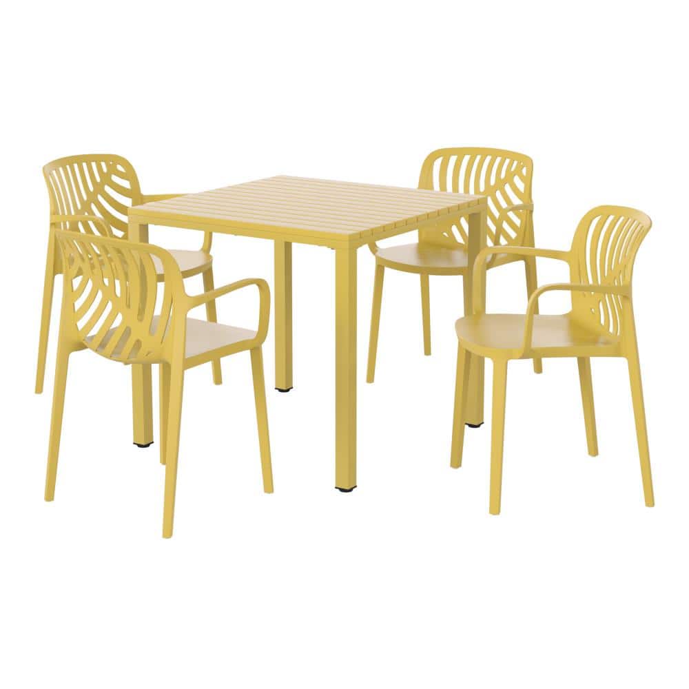 Frond&Form Outdoor Patio Modern 5-Piece Dining Set w/ Square Metal Frame Table and Stackable Plastic Chairs, Yellow price history on PriceWatchPro