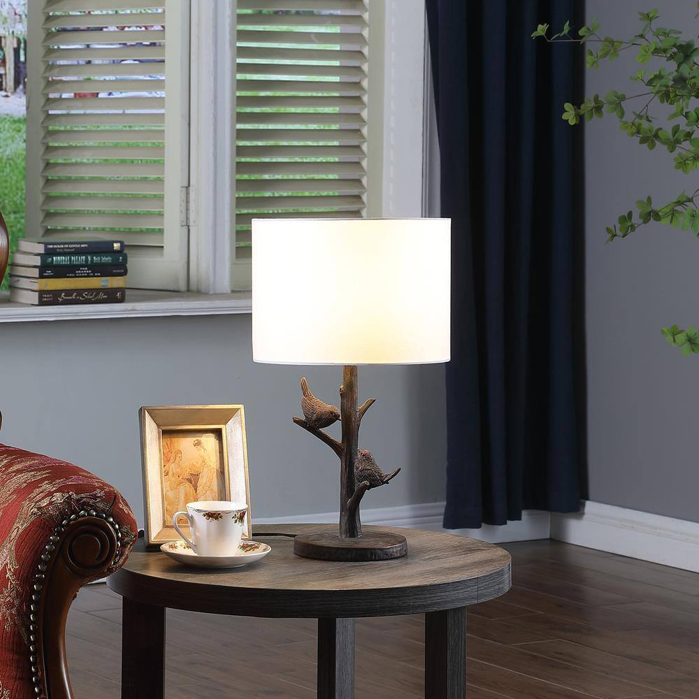 18" Bronze Sparrow Birds on Tree Table Lamp with White Drum Shade