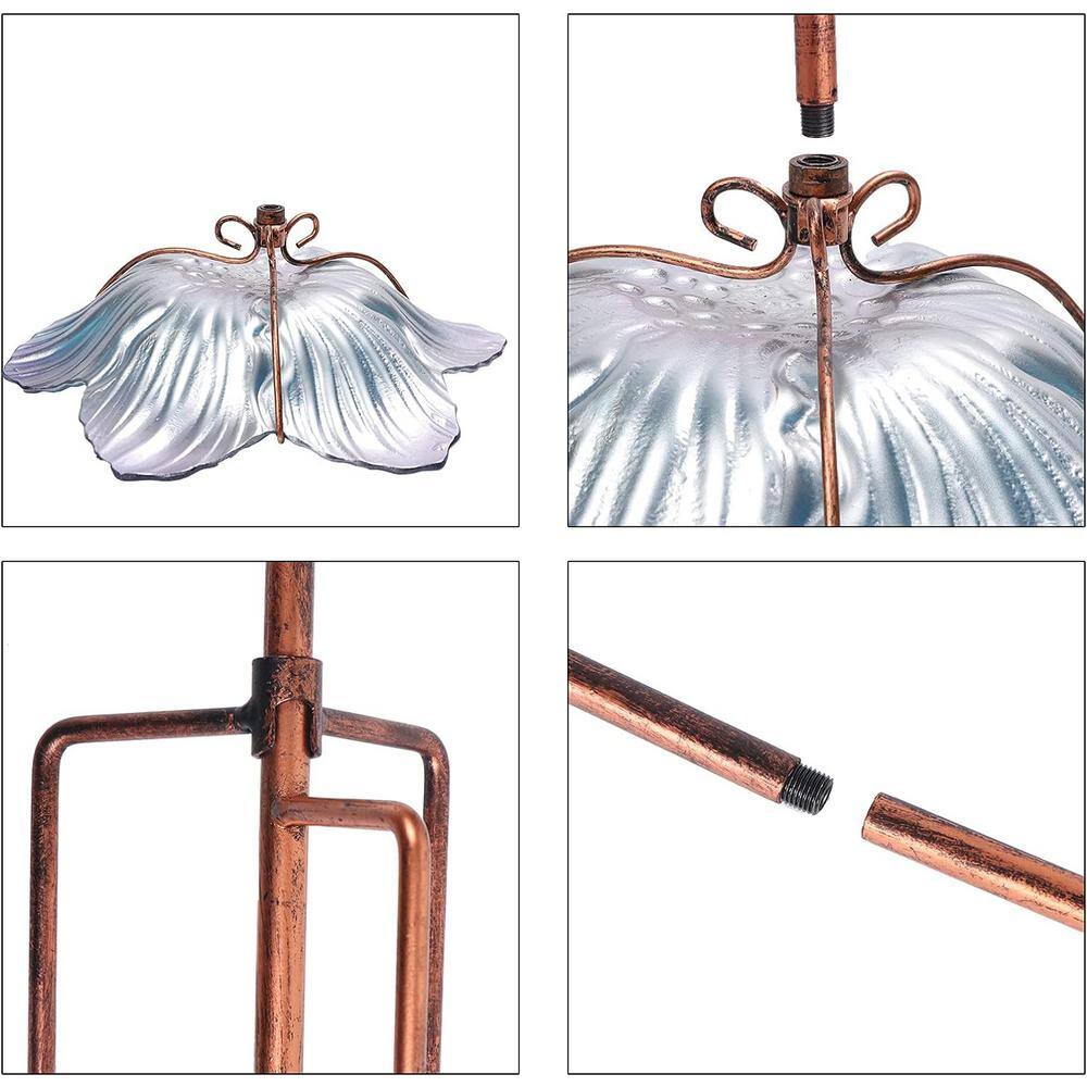Blue Glass Flower Bird Bath with Metal Stake