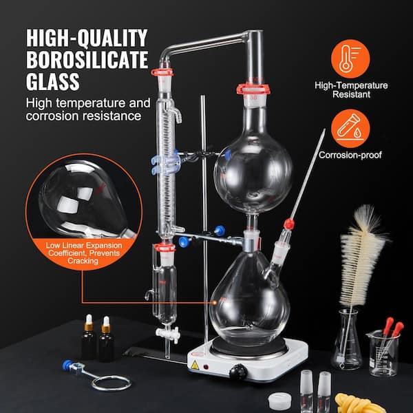 SVOPES 2000ml Essential Oil Distillation Kit, 3.3-Boro Glassware, 1000-Watt  Heating Plate, 24/40 Joint, 28-Pieces Set JYTQBLZZJPDJMWNR6V1-SV1217 - The  Home Depot