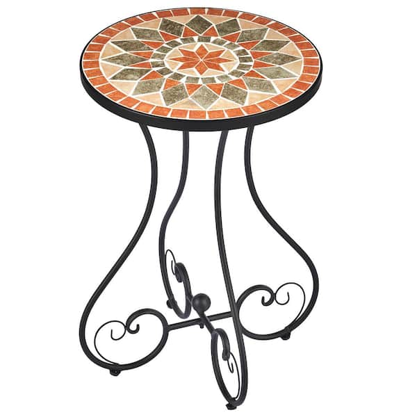 14 in. Quilt Star Round Ceramic Outdoor Side Table and Mosaic Tile Plant Stand