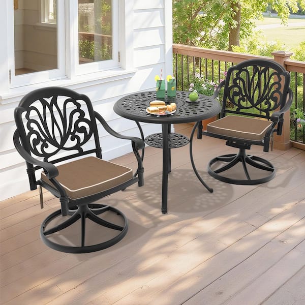 3-Piece Black Cast Aluminum Patio Outdoor Dining Set with Round Table and 2 Swivel Chairs with Brown Cushions