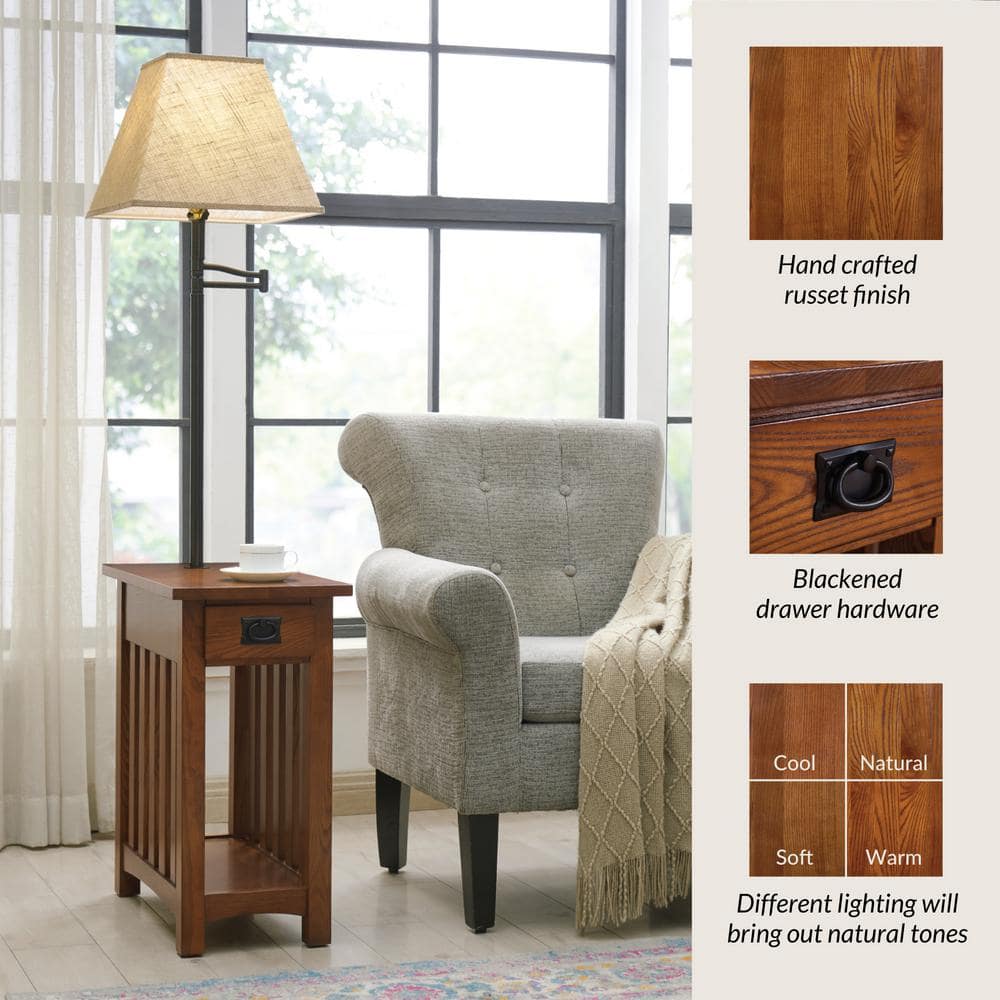 Mission Style 22.5'' Medium Oak Wood & Metal Chairside Table with Storage