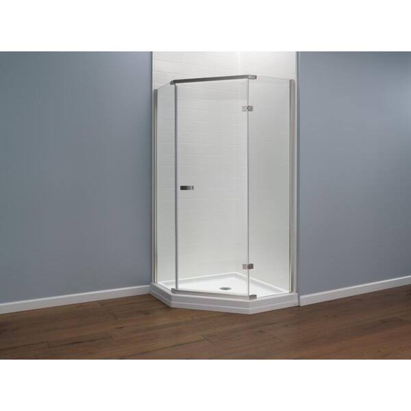 38 in. x 72 in. Semi-Frameless Pivot Door in Stainless with 38 in. x 38 in. Neo Angle Corner Shower Base in White 38 in. x 72 in. Semi-Frameless Pivot Door in Stainless with 38 in. x 38 in. Neo Angle Corner Shower Base in White