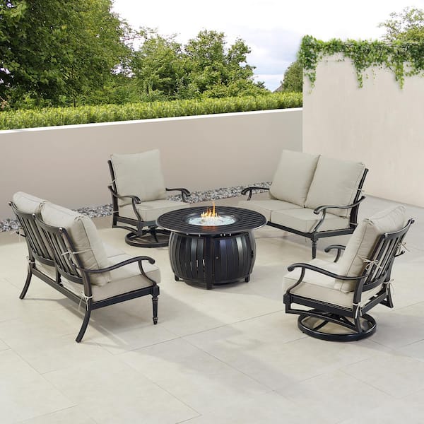 Black 5-Piece Aluminum Patio Fire Pit Set with Light Grey Cushions