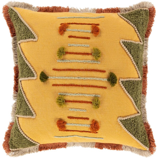 Artistic Weavers Sov Saffron/Dark Green Emgroidered/Fringe Polyester Fill 18 in. x 18 in. Decorative Pillow