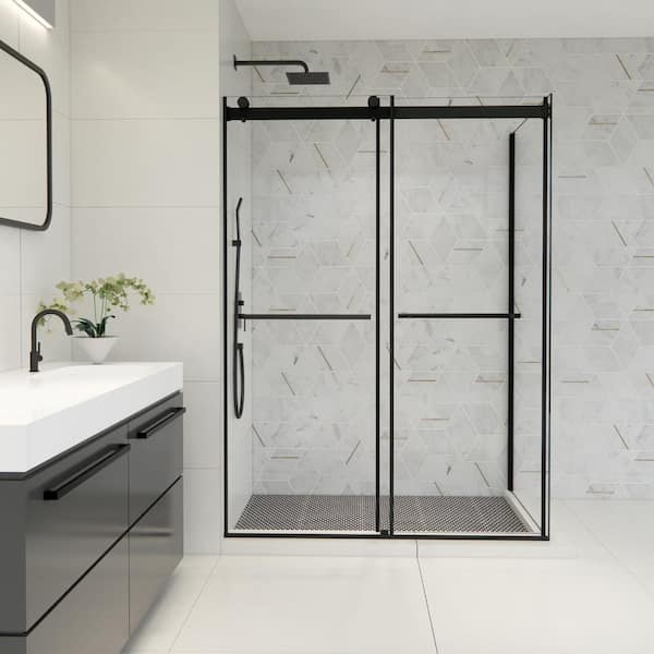 Altair Belizzi 56 in. W x 76 in. H Sliding Frameless Shower Enclosure in Matte Black Finish with Clear Glass
