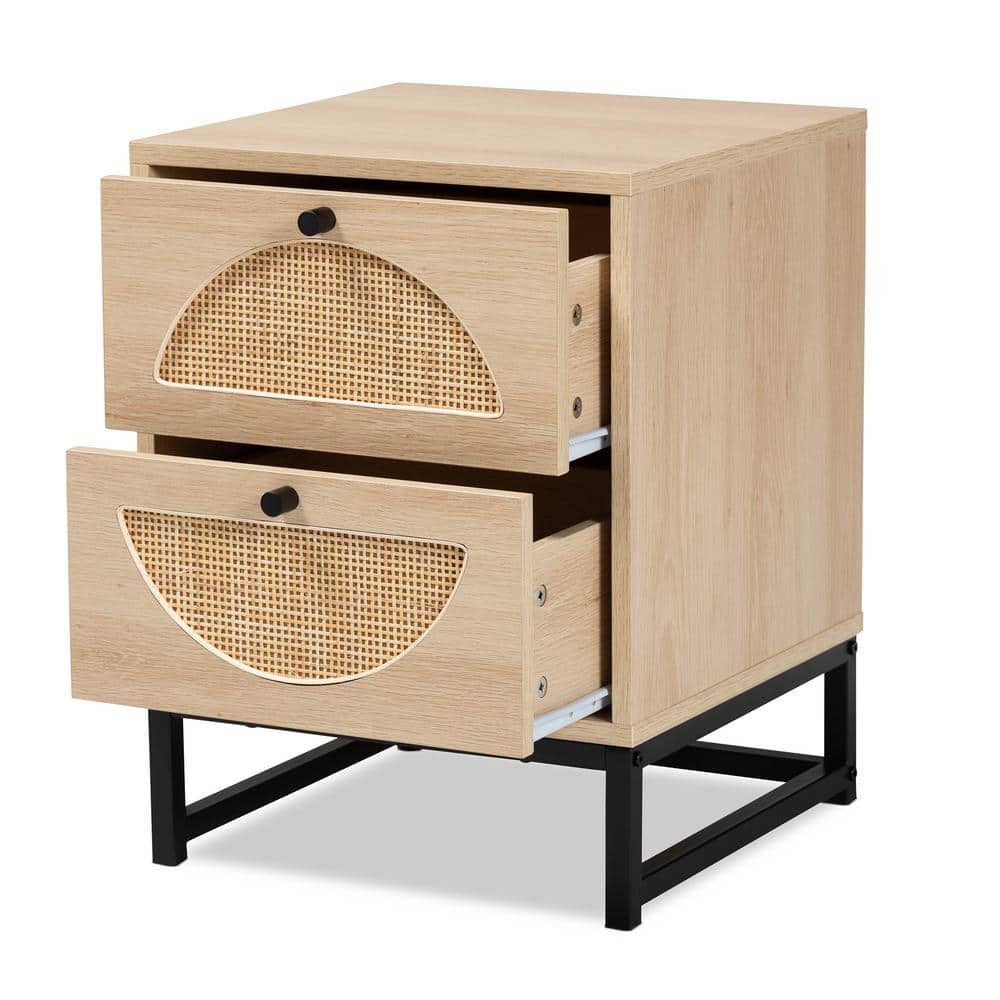 Ardon Bohemian Light Brown Wood and Metal 2 Drawer Nightstand with Rattan