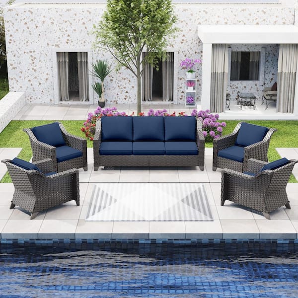 Gardenbee 5-Piece Wicker Outdoor Patio Conversation Set Sectional with Blue Cushions