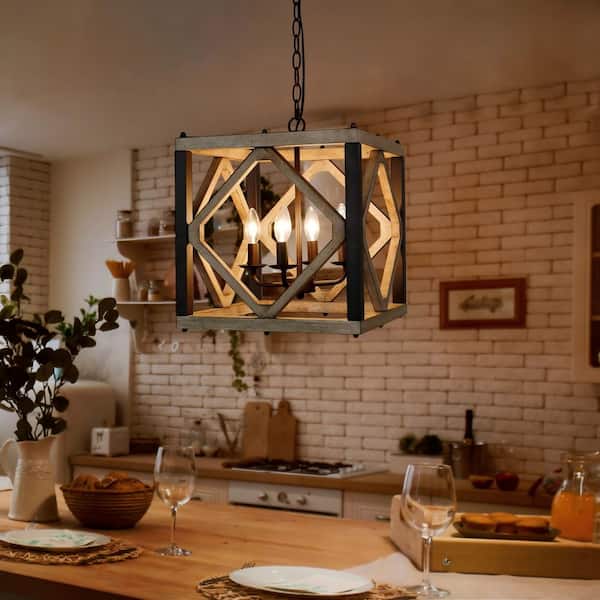 Farmhouse 14 in. 4-Light Solid Wood Chandelier Island Ceiling Light for Dining Room with Brown Cage Wood Frame