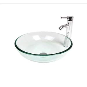 Bathroom Clear Glass Round Vessel Sink with Faucet Pop Up Drain Set （1-BOX）