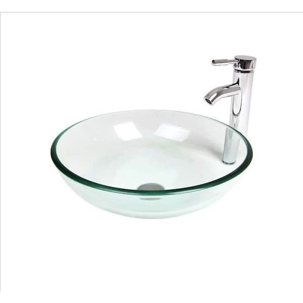 cadeninc Bathroom Clear Glass Round Vessel Sink with Faucet Pop Up Drain Set （1-BOX）