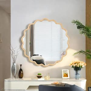 Natural 42 in. W x 42 in. H Solid Wood Round Wavy Wall Mirror for Bathroom, Bedroom, Cloakroom