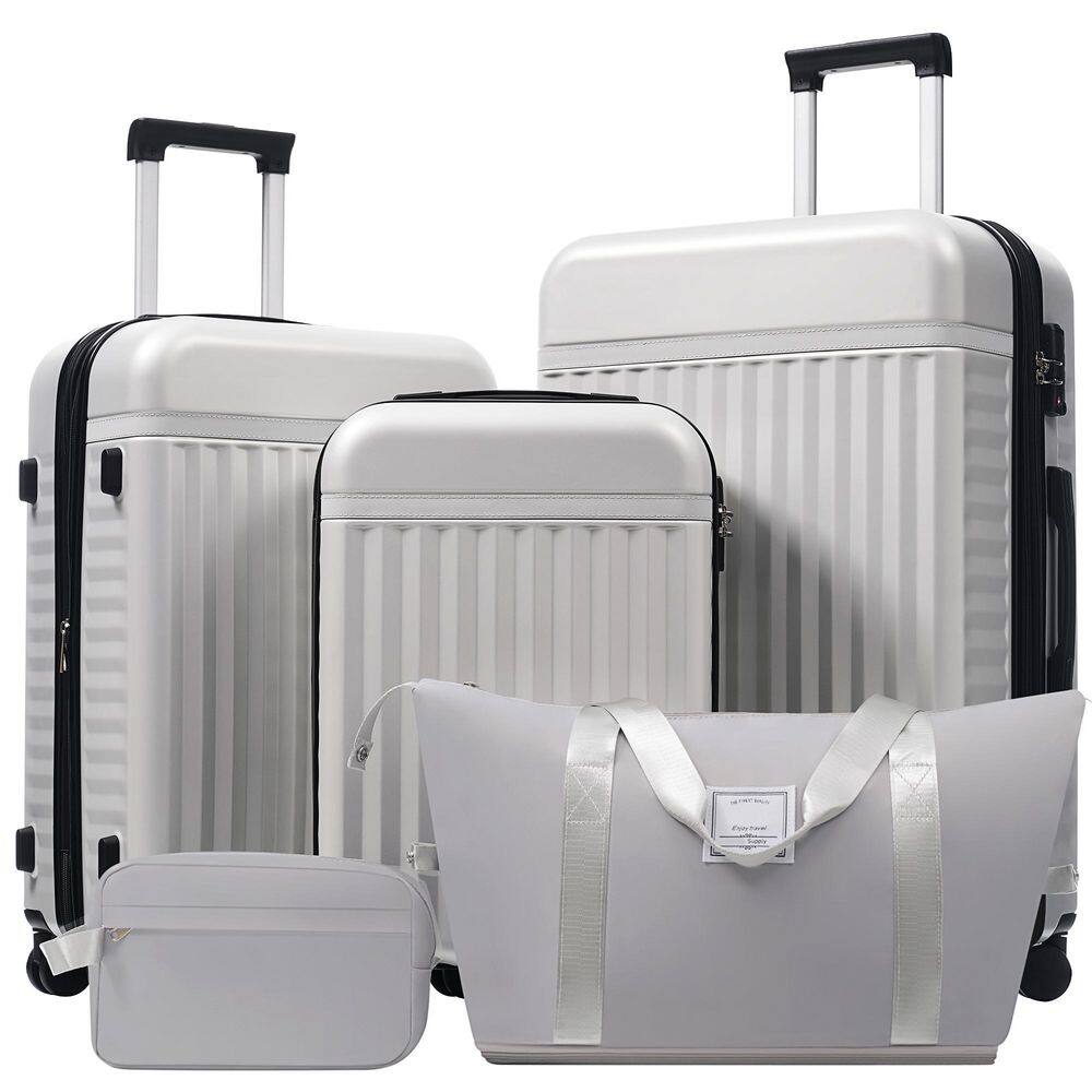 5 Bags 5-Piece Gray and White Expandable ABS Hardshell Luggage Set with Duffel Bag, Toiletry Bag, TSA Lock