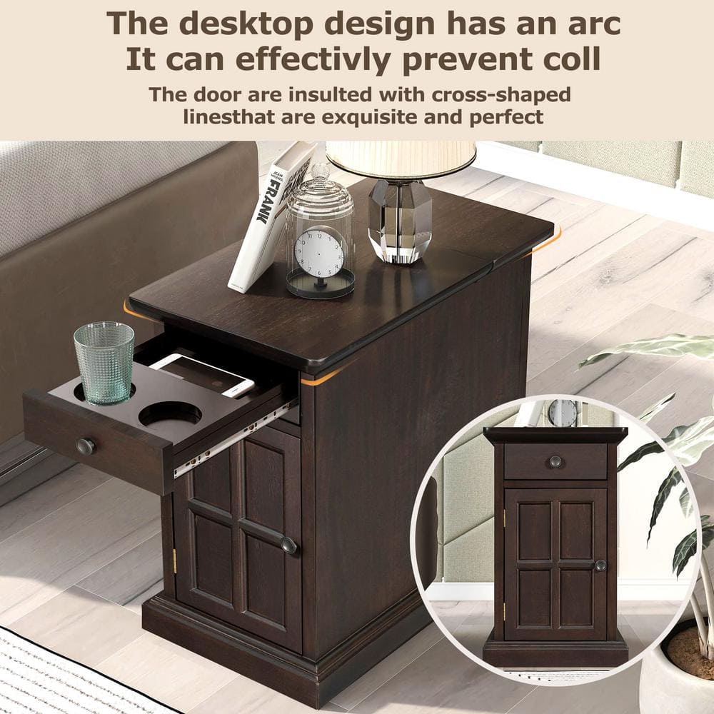 14 in. Antique Brown Rectangle Solid Wood End Table Side Table with USB Ports, Drawer, Cup Holders, No Assembly Need - thumbnail 4