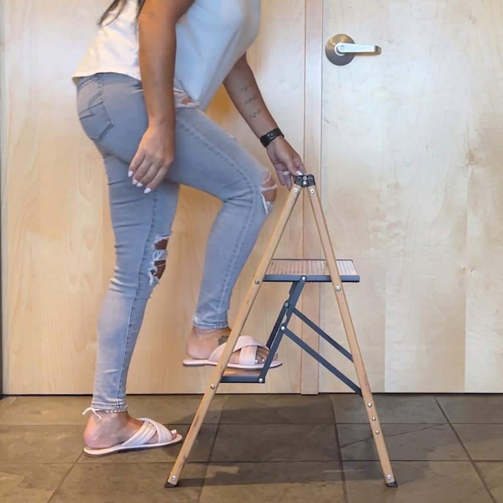 Tan 2-Step Aluminum Wood Grain Folding Ladder