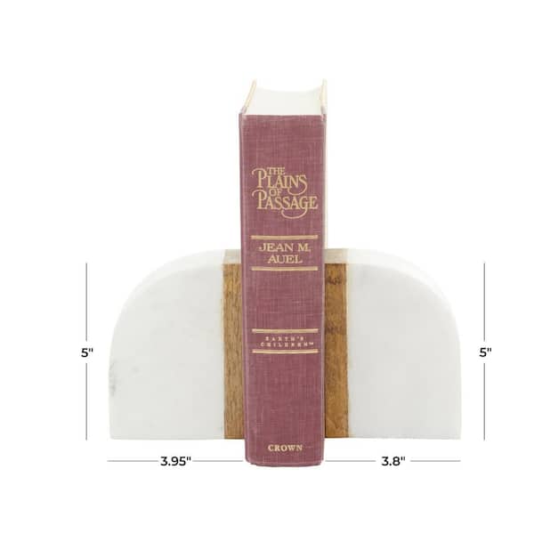 White Ceramic Marble Bookends with Wood Details (Set of 2)