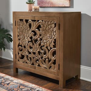 Nadia Carved Solid Wood Accent Cabinet in Haze Brown