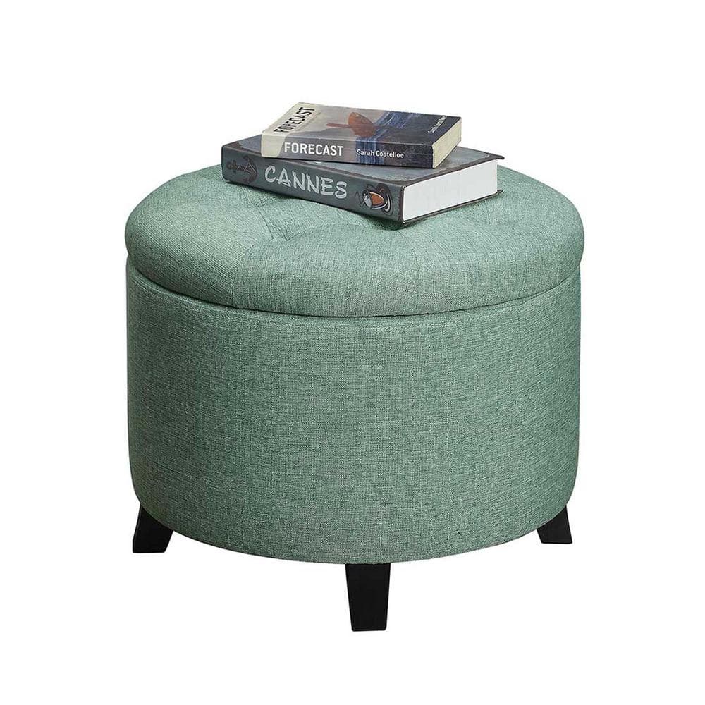 Green Tufted Round Storage Ottoman with Rubberwood Legs