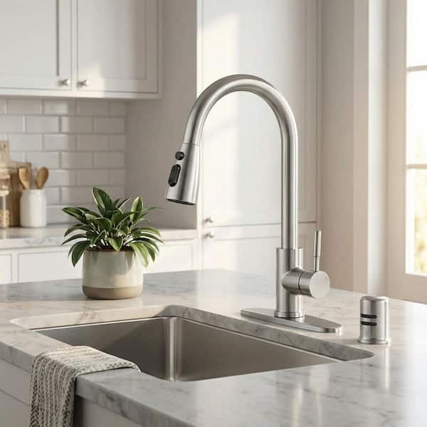 Single Handle Pull Down Sprayer Kitchen Faucet Stainless Steel with Deck Plate and Air Gap Kit in Brushed Nickel