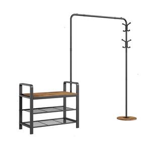 Grey Metal Hall Tree with Coat Rack and Shoe Storage