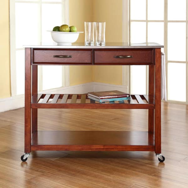 Cherry Kitchen Cart with Stainless Steel Top