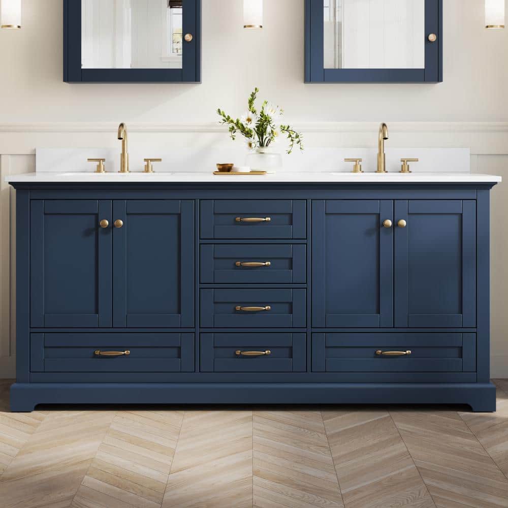 72 in. Double Sink Freestanding Navy Blue Solid Wood Bath Vanity with White Cultured Marble Top, Soft Close, Assembled price history on PriceWatchPro