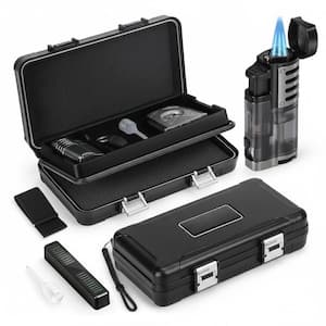 8.86 in. W x 5.31 in. H Modern Black Family ABS Portable Travel Double Layer Cigar Humidor Case with Lighter