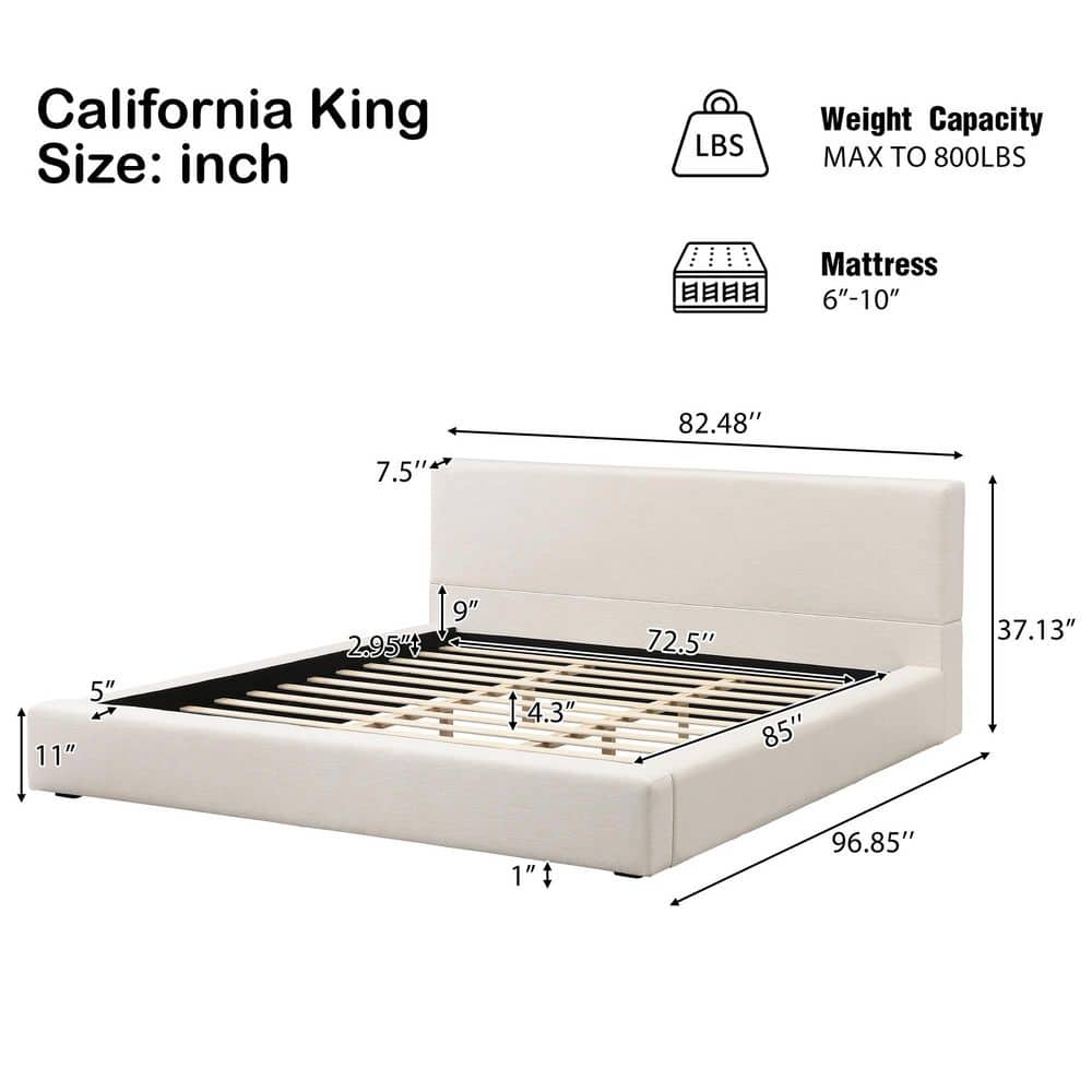 Feynor Modern Beige Linen Upholstered Wood Frame King Size Platform Bed with Thick Headboard - thumbnail 6