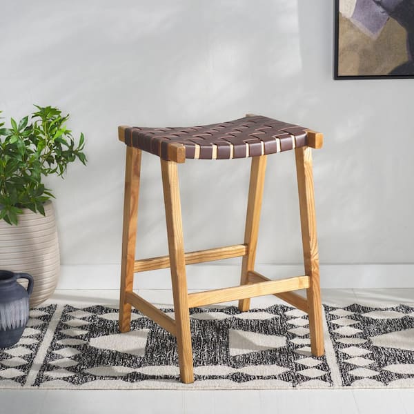 Abreu 26.8 in. H Cognac/Natural Wood Bar Stool with Leather Seat