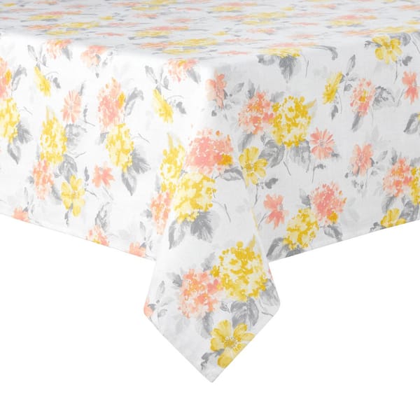 MARTHA STEWART Amber Floral 84 in. W x 60 in. L Yellow/Coral Cotton Blend Tablecloth