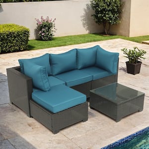 Patio Furniture Sets 5-Piece Outdoor Sectional Sofa with Wicker Rattan Couch Peacock Blue Cushions Tempered Glass Table