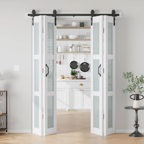 easelife 60 in. x 84 in. 3/4 Lite Frosted Glass Solid Core MDF White PVC Bi-Fold Door with Hardware