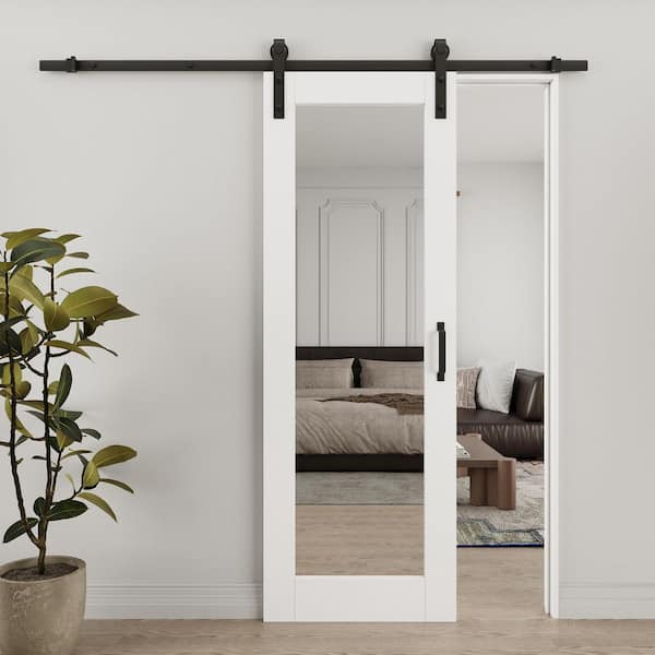 28 in. x 96 in. 1-Lite Mirrored Glass White Primed MDF Wood Sliding Barn Door with Hardware Kit