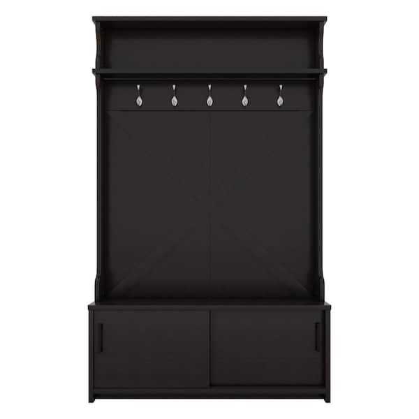 47 in. W x 16 in. D x 75 in. H Black Linen Cabinet, Hall Tree with Top Shelf and Storage Bench, Hallway Shoe Cabinet