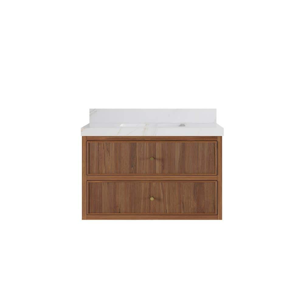 "36 in. W x 22 in. D x 36 in. H Single Sink Bath Vanity in Dark Natural Teak with 2"" Calacatta Sienna Quatz Top" price history on PriceWatchPro