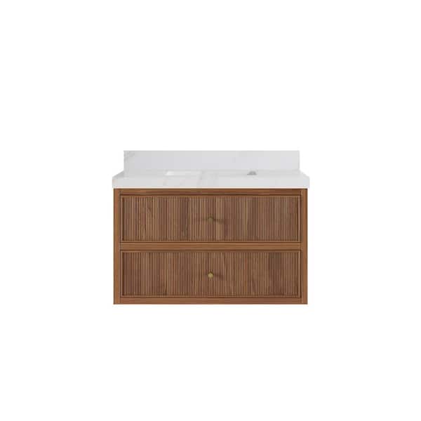 36 in. W x 22 in. D x 36 in. H Single Sink Bath Vanity in Dark Natural Teak with 2" Calacatta Sienna Quatz Top