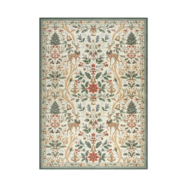 Vintage Christmas Woodland Floral Pattern Non Slip Beige 8 ft. x 10 ft. Living Room/Bedroom Indoor Area Rug