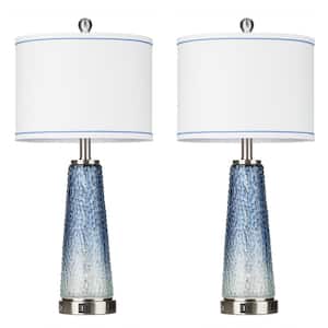 26 in. Blue Glass Table Lamp Set with USB, Type-C Ports and Built-In Outlet