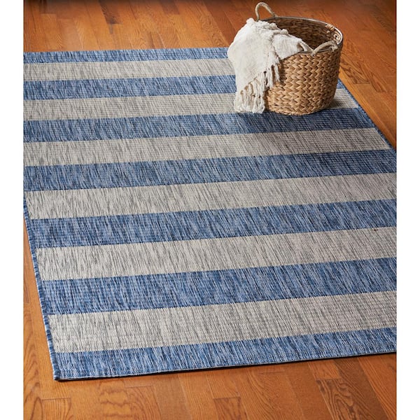 Clover Coastal Blue/Gray 5 ft. x 7 ft. Stripes Indoor/Outdoor Area Rug