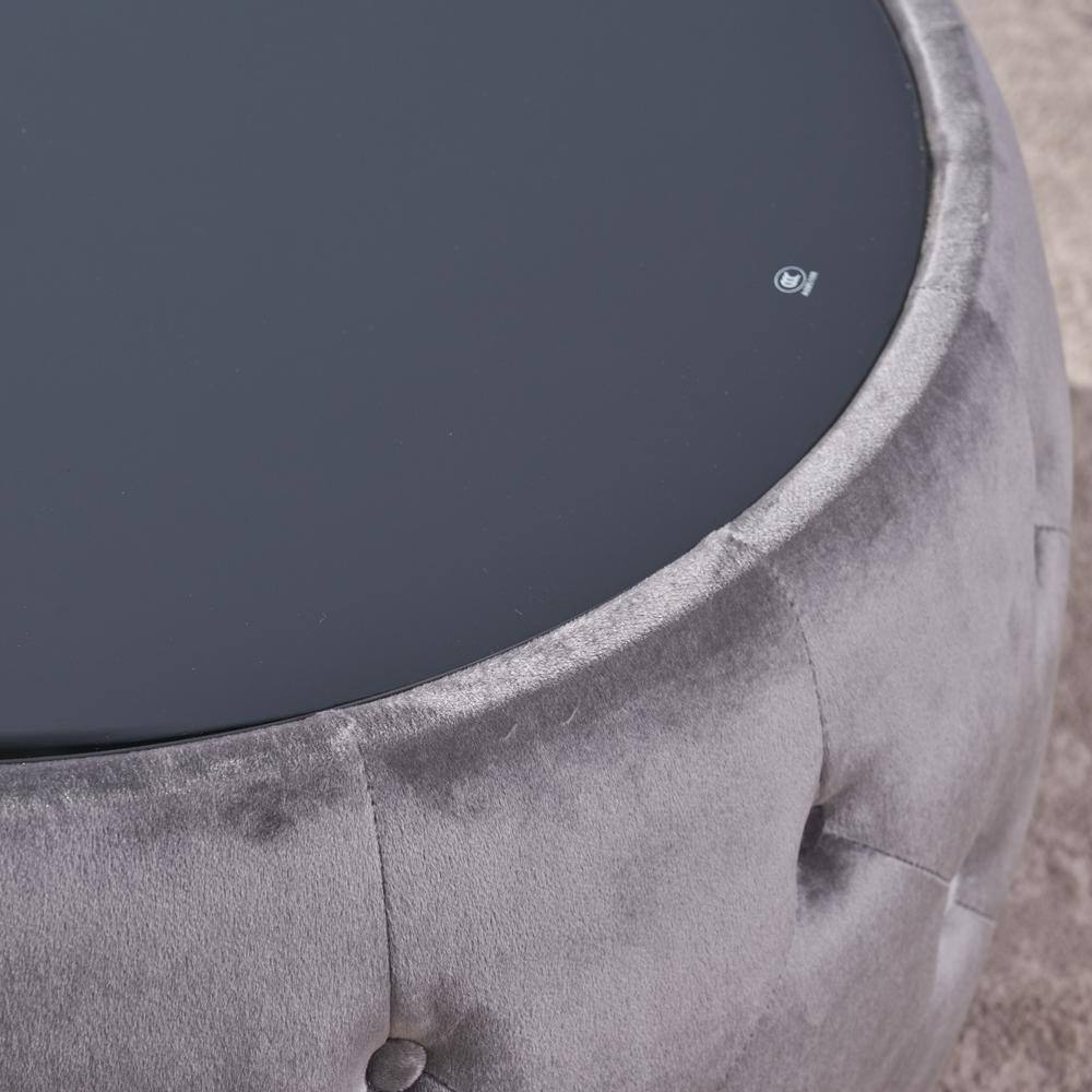 Elegant Round Glass-Top Velvet Ottoman Coffee Table