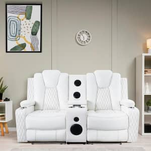 Home Theater Seating, Movie Theater Chairs, Power Recliner Loveseat with 6 Cupholders and Tray Air Leather in White