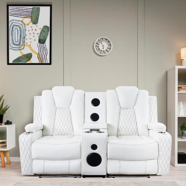 White Air Leather Home Theater Seating-Power Recliner Loveseat with 6 Cupholders and Tray, Movie Theater Chairs